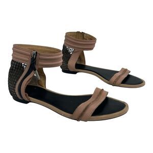 L.A.M.B. Women's Size 10 Leather Ankle Strap Sandals Nude Black Zip Back